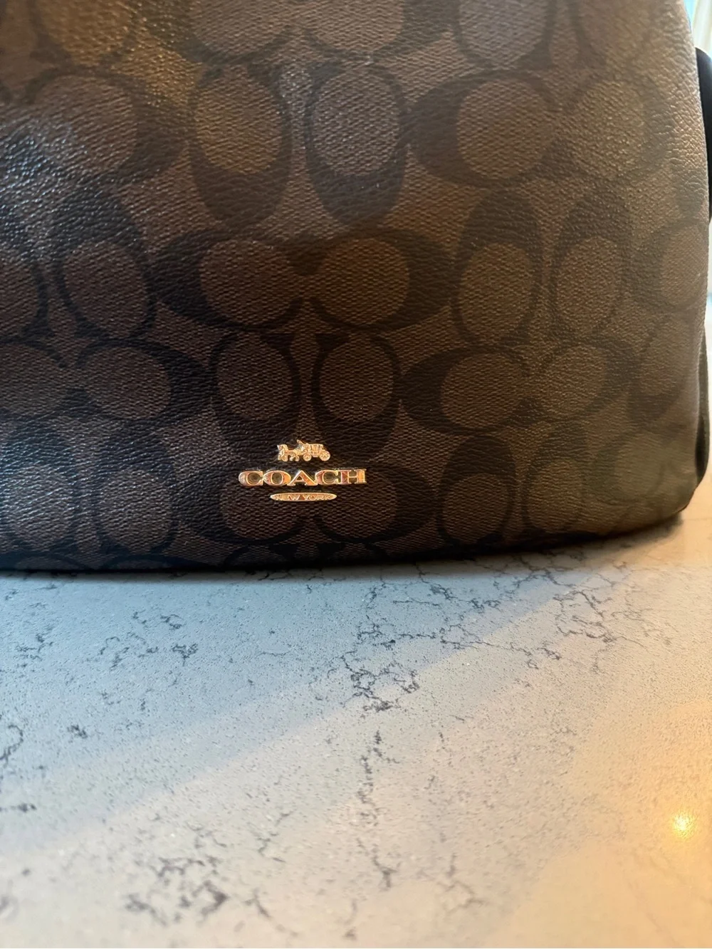 Coach Pennie Shoulder Bag Signature Canvas Brown Black Leather C1523